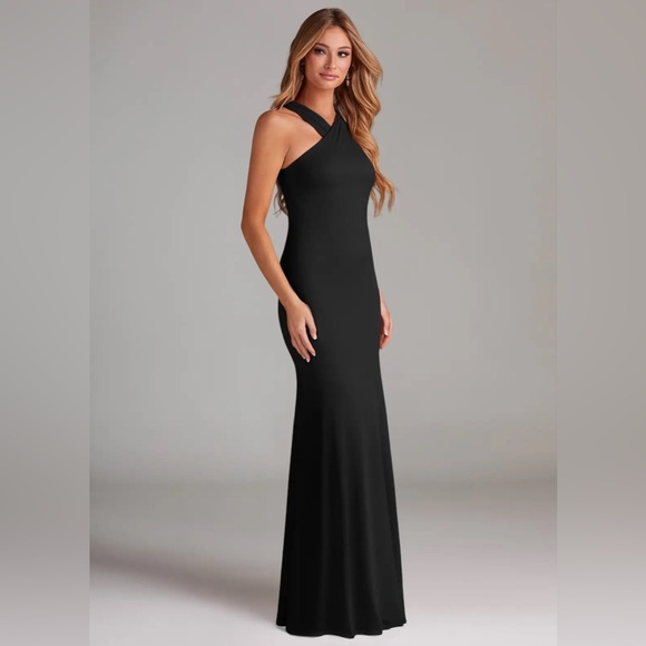 Azazie Doretta Black Mermaid Pleated Chiffon Dress - Picture 4 of 8